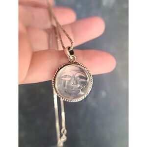 925 Sterling Silver Carved Quartz Face Pendant Necklace Vintage